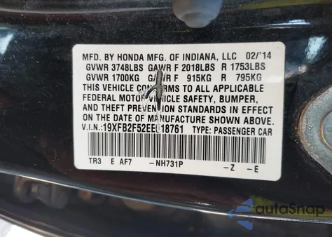 2014 Honda Civic Lx из США, поврежденный, VIN 19XFB2F52EE018761